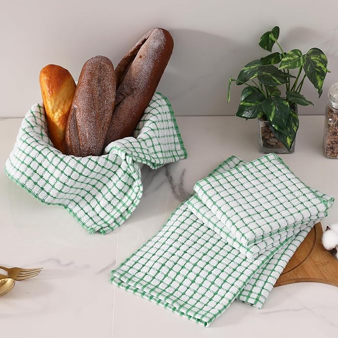 Homaxy Kitchen Towels and Dishcloths Set, 16 x 25 and 12 x 12 Inches, Set of 8 Cotton Terry Kitchen Dish Towels, Super Soft and Absorbent Dish Cloths, Green