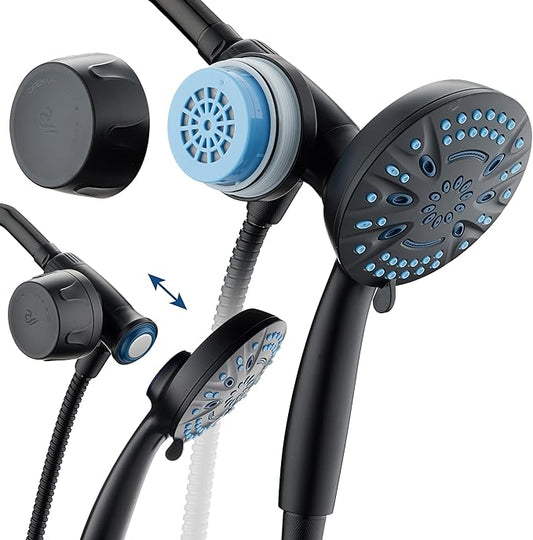 AquaCare Magneton 8-setting Magnetic Docking Hand Shower with Built-in Shower Filter - ON/OFF Filtration Modes, Instant Cartridge Reload, Stay-Clean KDF Cartridge, 6 ft. Steel Hose, Matte Black