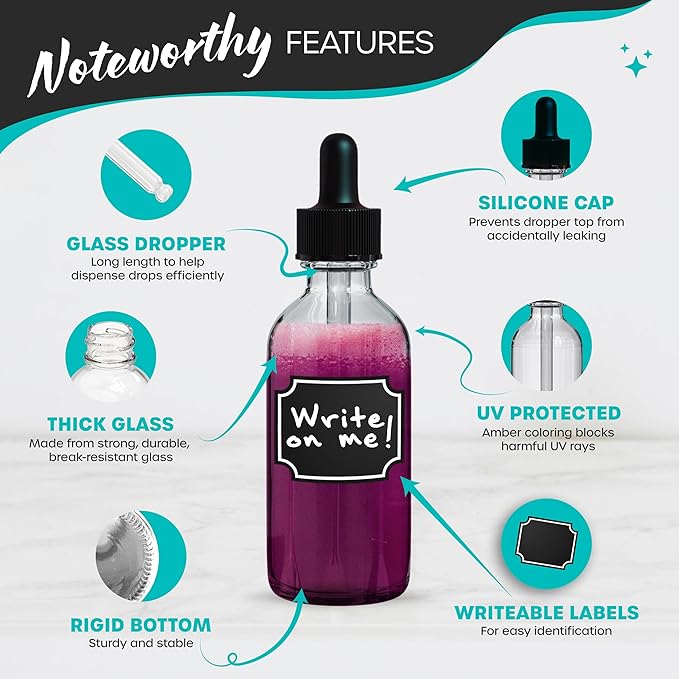 2 Oz Dropper & Spray Clear Glass Bottles w/Funnels, Cleaning Brushes, Label Stickers & Markers Bundle