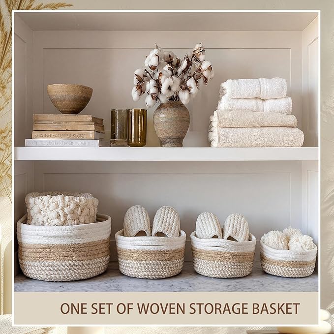 6 Pcs Boho Storage Baskets for Organizing Woven Baskets Set Natural Cotton Rope Storage Bins for Shelves Toys Books Clothes Decorative Farmhouse Home Decor for Bedroom Closet Nursery, 3 Sizes