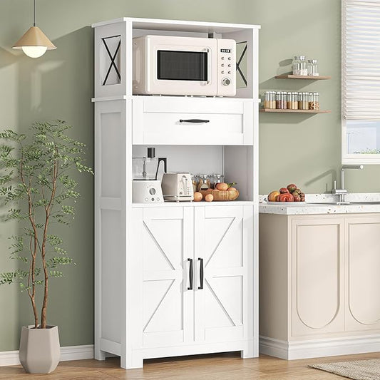Semoic 55" Farmhouse Kitchen Pantry Cabinet, 5-Tier Pantry Storage Cabinet with 2 Barn Doors and Drawer, Tall Sideboard Buffet Cupboards Storage Shelf for Home Office Use (White 12" D x 24" W x 55" H)