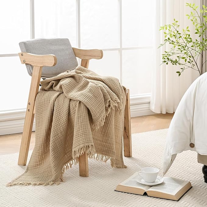 Muslin Blanket 100% Cotton Blanket Throw 50”x65”, Lightweight Breathable Summer Blanket Throw. Supersoft 4-Layer Gauze Throw Blanket for Sofa, Couch, Bed, All-Season Use, Sand