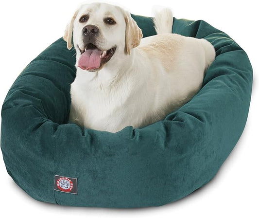 Majestic Pet 40 Inch Micro Velvet Calming Dog Bed Washable – Cozy Soft Round Dog Bed with Spine for Head Support - Fluffy Donut Puppy Mat 40x29x9 (inch) Large – Marine