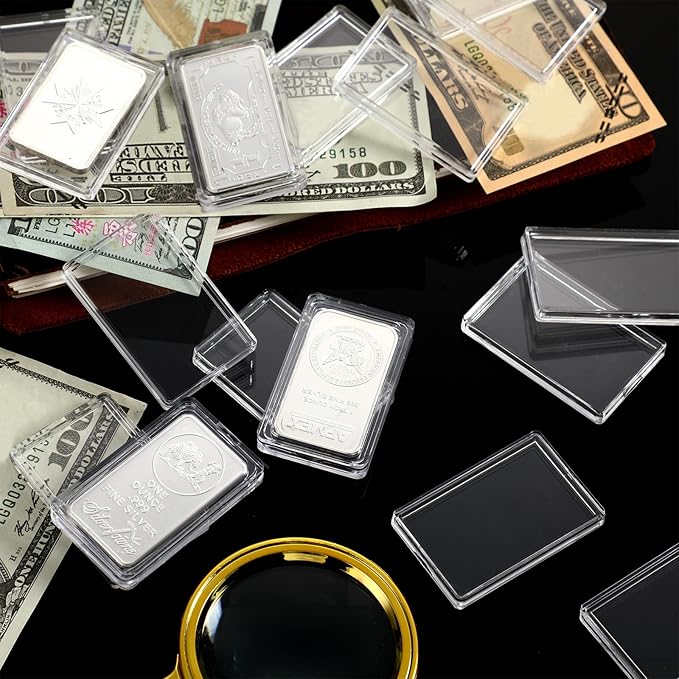 Batiyeer 25 Pcs 1 oz Silver Bar Case Holder Clear Acrylic Bar Capsule Storage Container for 1 Ounce Holder with Plastic Storage Box for Collectors Investors