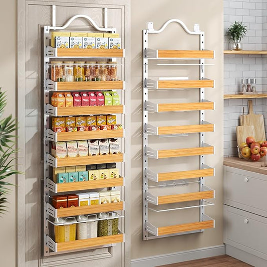 8-Tier Spice Rack Wall Mount, Heavy-Duty Over the Door Pantry Organizer with Wooden Adjustable Basket, 2 IN 1 Wall Mount or Hanging Pantry Door Organizer, Door Spice Rack for Home, White