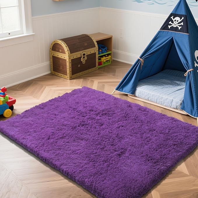 Purple Fluffy Rug Shaggy Area Rug, 2x4 Area Rugs for Girls Bedroom, Soft Cute Baby Play Mat, Indoor Floor Carpet for Teen, Nursery, Preppy Dorm, Plush Aesthetic Bedside Rug