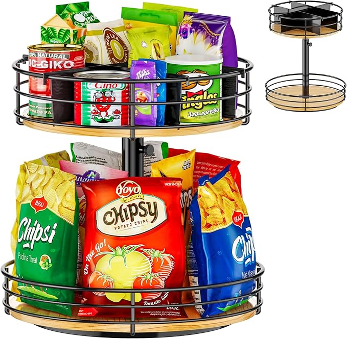 2-Tier Rotating Snack Organizer - Height Adjustable Lazy Susan Turntable for Kitchen Countertop, Black