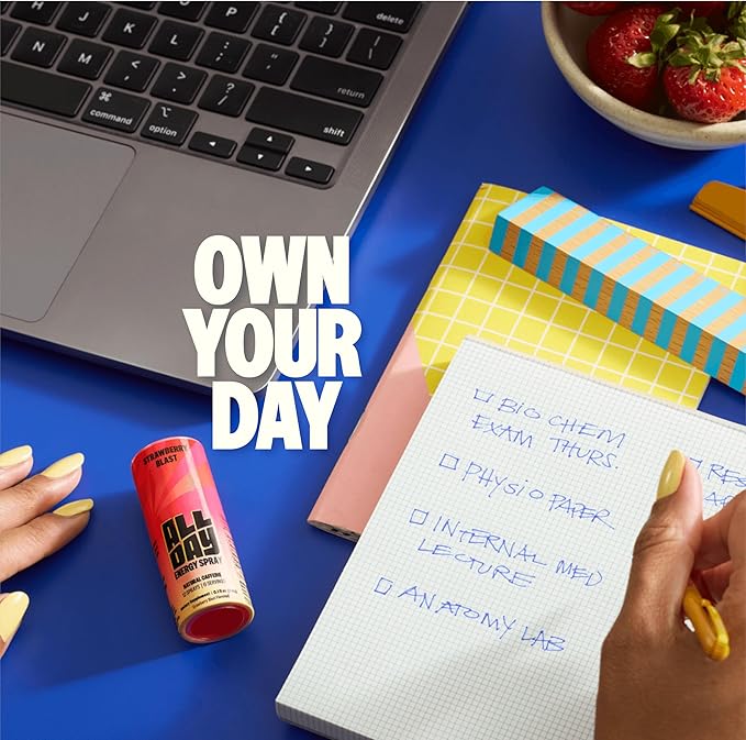 ALLDAY Focus + Energy Spray — Natural Caffeine + L-Theanine + Essential Vitamins — 0 Calorie, 0 Sugar — 12 Spray Bottle — Faster, Cleaner, Smoother Energy (4 Pack Strawberry)