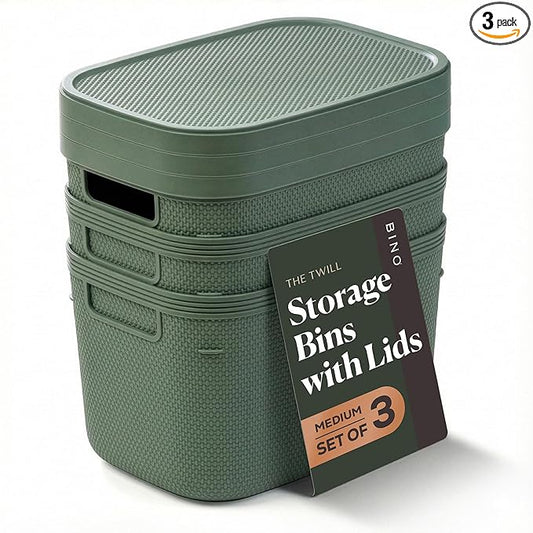 BINO | Plastic Storage Bins with Lids, 5.5 Liter - 3 Pack, Desert Green | THE TWILL COLLECTION | Plastic Bins for Organization | Woven Storage Baskets for Organizing Pantry Shelf Organizer Basket Bin