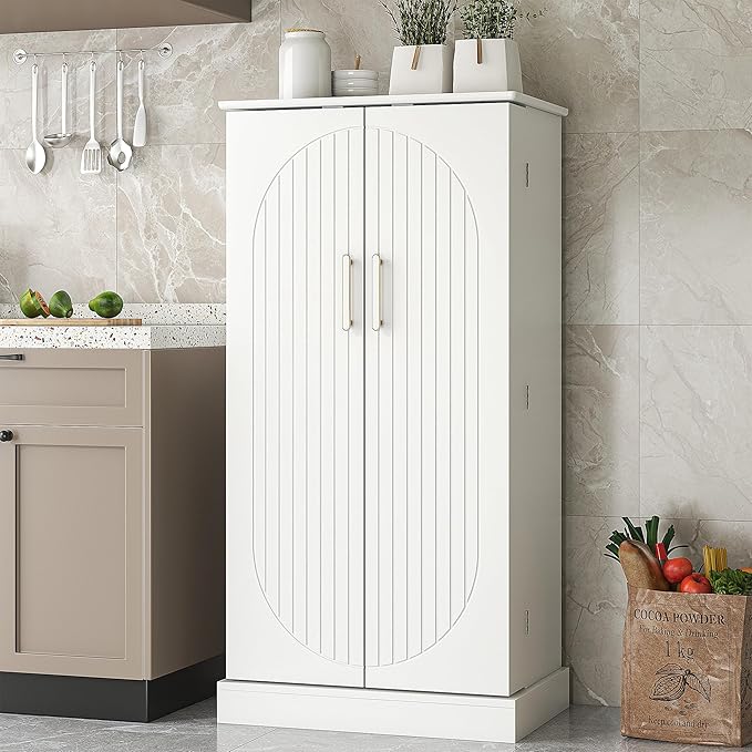 47" Tall Kitchen Pantry Cabinet, Snow-White Pantry Storage Cabinet with Adjustable Shelves, Barn Doors and Drawer Farmhouse Cupboard for Kitchen, Dining Room, Bathroom (16" D x 24" W x 47")