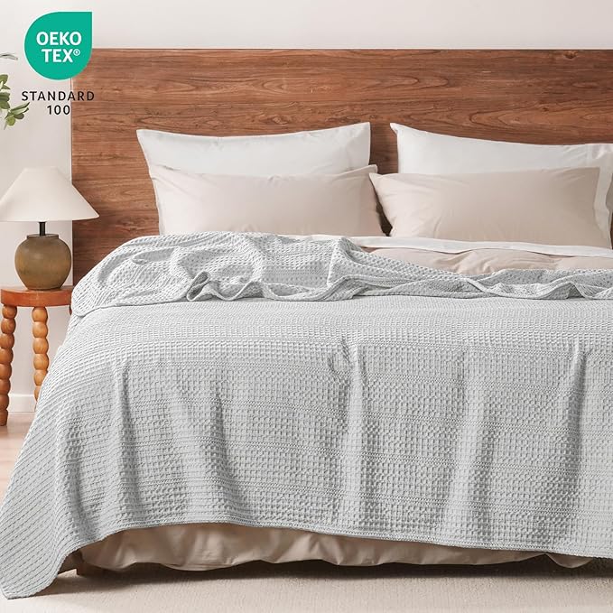 PHF Lightweight Waffle Weave Blanket Queen Size 90"x 90", Soft Woven Summer Blanket for Hot Sleepers - Aesthetic Home Decor for Couch Bed Sofa, Pet Friendly, Light Grey
