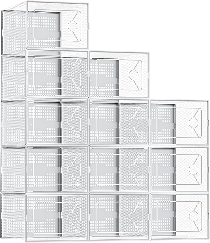 DUMOS 12-Pack Shoe Storage Boxes, Clear Shoe Containers with Lids, Stackable Sneaker Case Organizer for Closet, Under Bed, Entryway,White (Fit Size 9)