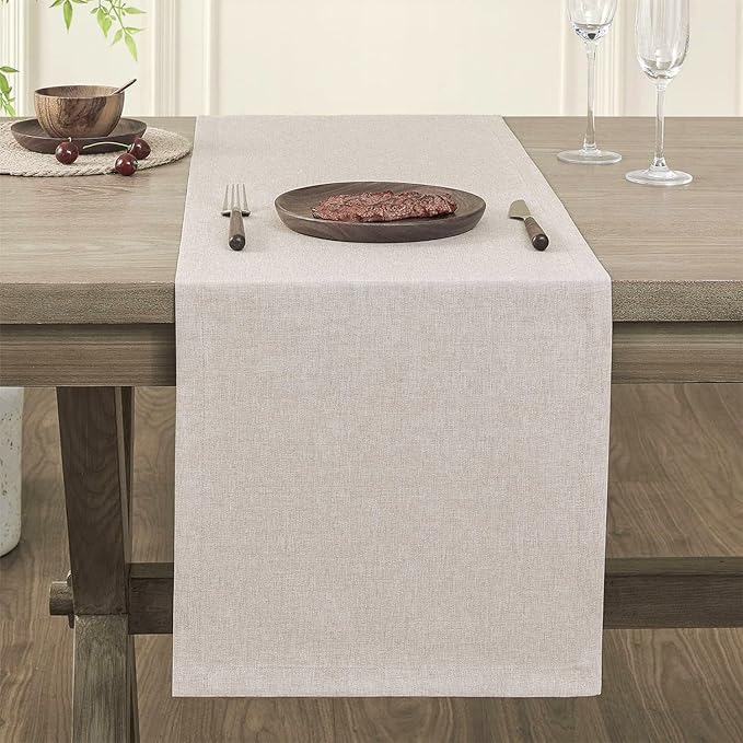 ZeeMart Basic Linen Style Table Runner, 14 x 90 Inch Light Natural Chambray, Rustic Farmhouse Neutral Table Runners 90 Inches Long, Everyday Polyester Table Runner - Machine Washable & Easy Care