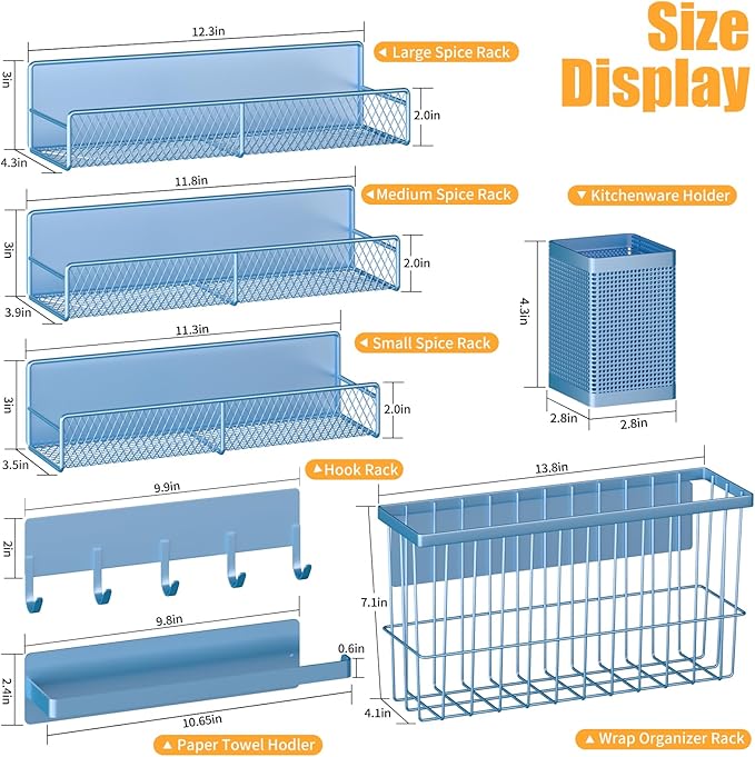 Magnetic Spice Rack for Refrigerator, 7 Pack 100% Metal Strong Magnet Shelf, Spice Organizer W/ Paper Towel Holder, Hook Rack, Utensil Caddy & Cutting Board Holder, Home Kitchen Organization (Blue)