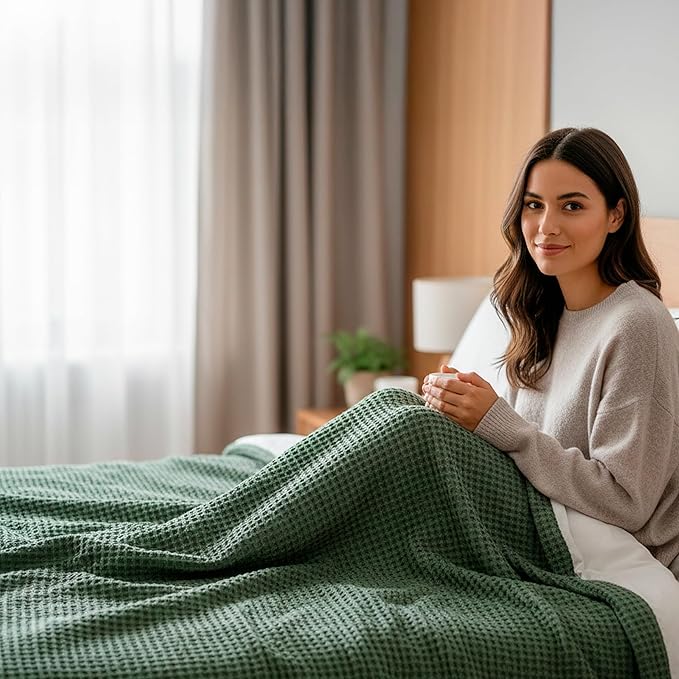 HILLFAIR 100% Combed Cotton Blanket– King Size Bed Blankets– Warm Soft All Season Breathable Lightweight Summer Blankets– Waffle Weave Home Decor Bed Blanket: Olive