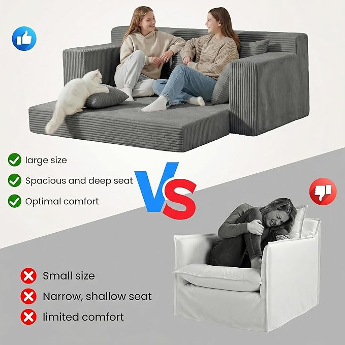 Convertible Sofa Bed, 5 in 1 Small Boneless Couch Pull Out Loveseat Sleeper Sofa,Corduroy Futon Couch Folding Mattress with 4 Pillows for Living Room Bedroom Lounge (No Assembly)