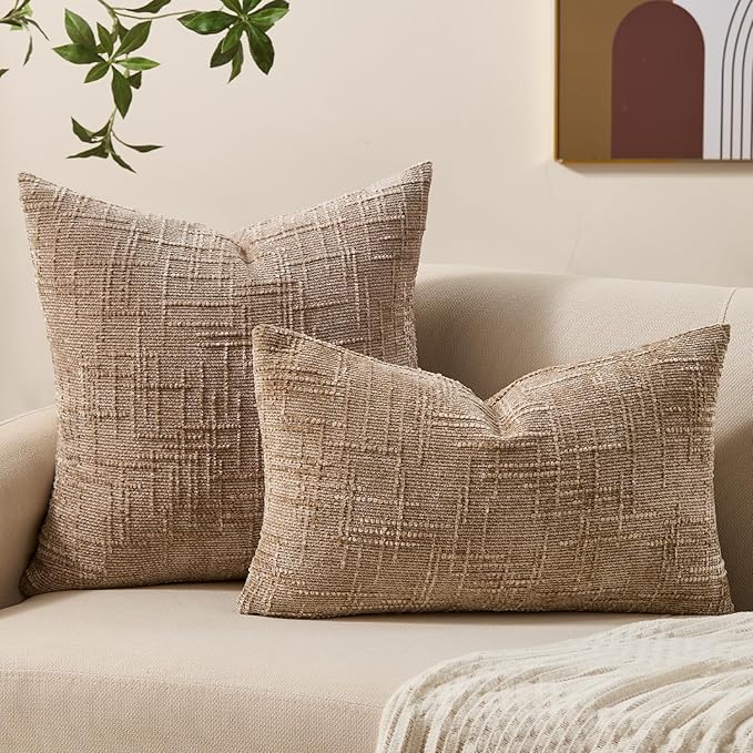Decorative Couch Throw Pillow Covers 22x22 Set of 2 Camel Soft Chenille Pillow Covers Neutral Textured Boho Cushion Covers for Modern Farmhouse Sofa Bedroom Living Room Decor SY008-D22