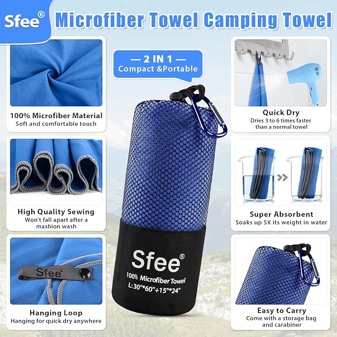 2 Pack Microfiber Travel Towel, Quick Dry Beach CampingTowel Super Absorbent Compact Lightweight Sport Gym Towels for Beach, Gym, Hiking, Pool, Backpacking, Bath, Yoga