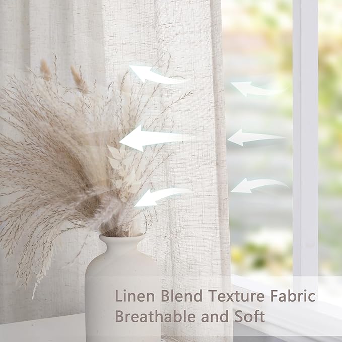 MYSKY HOME Linen Curtains for Living Room, Natural Semi Sheer Curtains & Drapes 80 inches Length 2 Panels Set Farmhouse Country Boho Style Back Tab Draperies for Sliding Glass Door, 50" Wide, Linen
