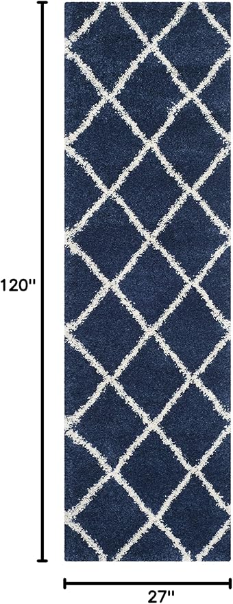 SAFAVIEH Hudson Shag Collection Runner Rug - 2'3" x 10', Navy & Ivory, Modern Trellis Design, Non-Shedding & Easy Care, 2-inch Thick Ideal for High Traffic Areas in Living Room, Bedroom (SGH281C)