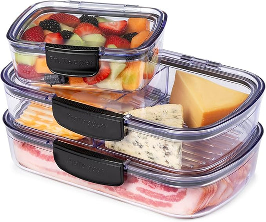 Progressive Prokeeper + Deli Storage Set: Air-Tight Silicone Sealed Containers w Grooved Bottom, Dry Erase Lid, BPA-Free, Stackable, Keeps Meats & Cheeses Fresh Longer, 3-Piece Set (1.65L, .69L, 1.6L)