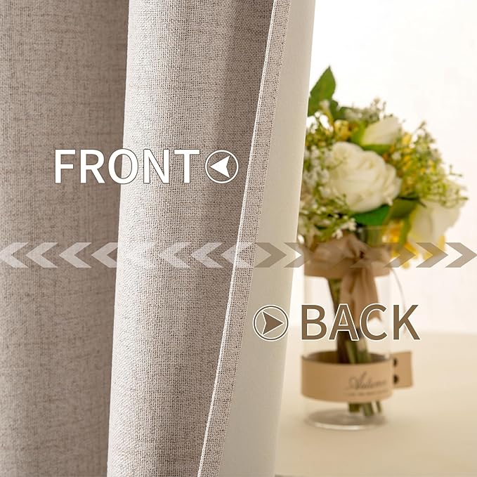 MIULEE 100% Blackout Linen Textured Curtains for Bedroom 112 Inches Extra Long Thermal Insulated Natural Beige Grommet Room Darkening Curtains & Drapes Luxury for Living Room Nursery (2 Panels)