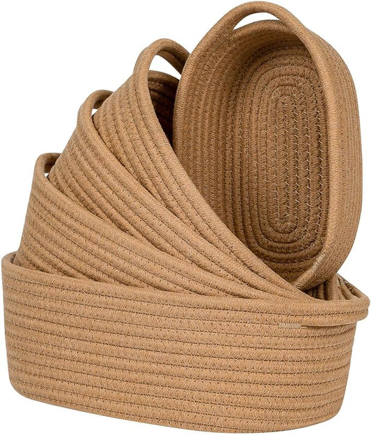 CubesLand Small Cotton Rope Storage Basket Set 5, Shelves Baskets for Organizing with Handle, Decorative Closet Storage Bins for Countertop Toilet Paper Basket for Toilet Tank Top,Brown Basket