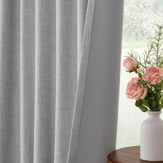 INOVADAY 100% Blackout Curtains for Bedroom, Black Out Curtains 120 Inch Long, Clip Rings Linen Blackout Drapes, Thermal Insulated Room Darkening for Living Room, 2 Panels - Grey,W50xL120