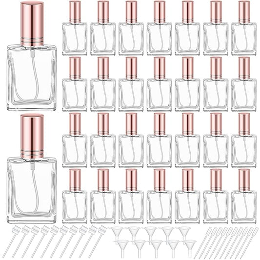 Domensi 30 Pcs 15 ml Glass Perfume Bottles Mini Glass Empty Spray Atomizer Bottles Bulk Refillable Small Perfume Dispenser Container with Pump Tool for Travel Plants Hair Cleaning Skin Care(Rose Gold)