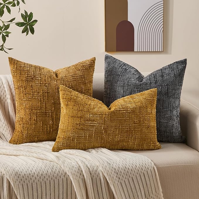 Summer Decorative Couch Throw Pillow Covers 12x20 Set of 2 Yellow Soft Chenille Pillow Covers Neutral Textured Boho Cushion Covers for Modern Farmhouse Sofa Bedroom Living Room Decor SY008-C12