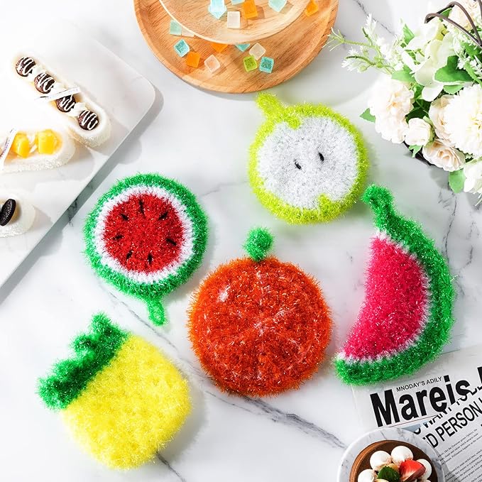 16 Pcs Dish Scrubber Non Scratch Dish Washing Scrubbers Reusable Household Cleaning Kitchen Tools for Dishwashing Washing Dishes Cookware Tubs Sinks(Fruit)