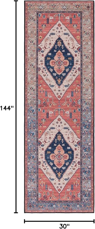 SAFAVIEH Washable Rug Tucson Collection - 2'6" x 12' Runner, Rust & Blue, Slip Resistant & Easy to Clean, Ideal for Living Room, Bedroom, Dining Space (TSN153P)
