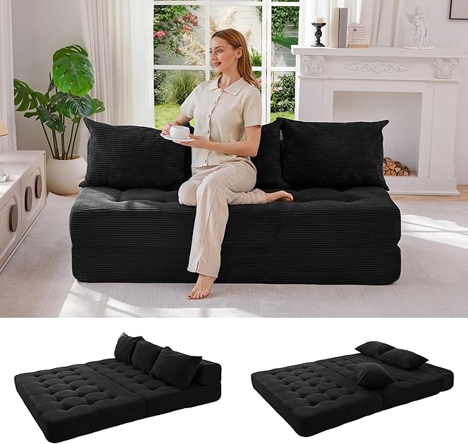 MAXYOYO Folding Sofa Couch, Convertible Floor Sleeper Couch with 3 Pillows, Tufted Floor Oversized Loveseat Couch Tufted Fold Out Chair Bed Comfy Sofa Lounge for Living Room Bedroom, Black
