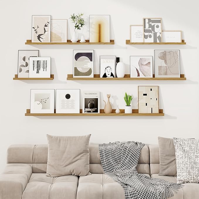 RICHFOCUS Picture Ledge Shelf, 55 inch Floating Shelves Set of 2, Wood Wall Shelves with Lip, Wall Decor Storage for Bedroom Living Room Bathroom Kitchen Nursery Photo Picture, Oak