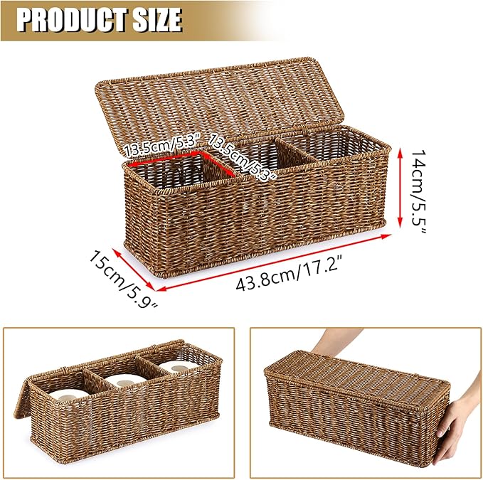 Sumnacon Wicker Storage Basket with Lid, Rectangular Narrow Baskets for Bathroom, Farmhouse Imitation Rattan Bin with Dividers, Decorative Handwoven Tray Organizer for Countertop Shelves Toilet Tank
