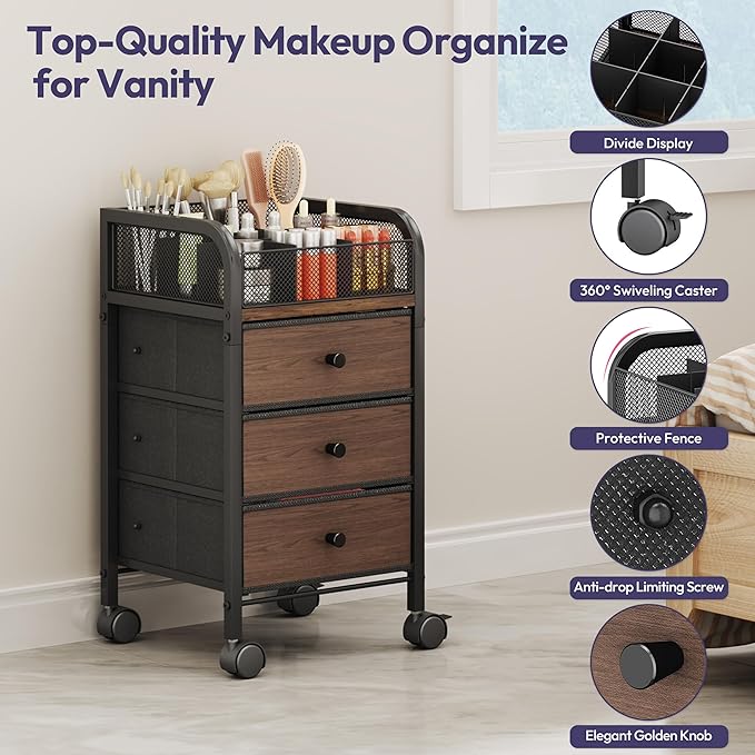 SWTYMIKI Rolling Makeup Organizer Cart - Floor Skincare Make Up Storage with 3 Non-woven Drawers, Vanity Organizer Cosmetic Display Cases Cabinet for Skin Care Perfume Nail Polish Brush Hair Tool