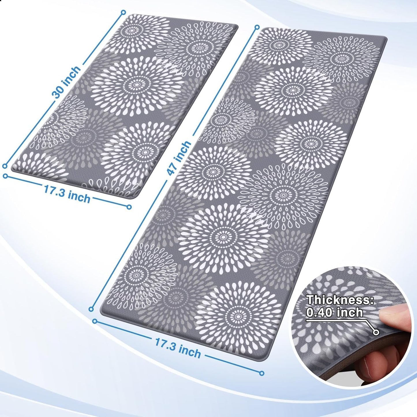 Anti-Fatigue Kitchen Mat Set of 2 – Cushioned Non-Slip Floor Rugs in Grey