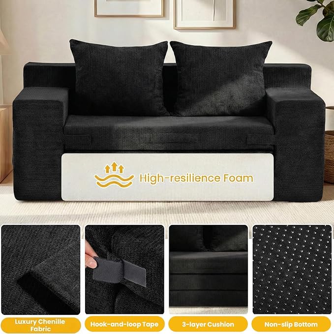 Boneless Loveseat Sleeper Sofa Bed: 3-in-1 Convertible Sofa Bed with Side Pockets & Handle,Pull Out Couch with 2 Pillows,Folding Futon for Small Space,Living Room & Bedroom,Chenille Fabric,No Assembly