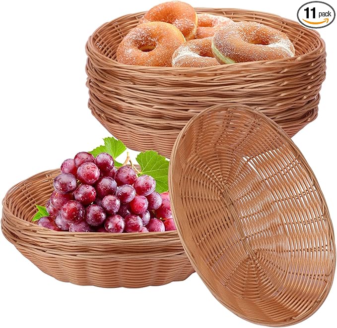11 Inch Oval Poly Wicker Basket - Bulk, 11 Pack, Bread Serving Baskets for Home & Restaurant Use