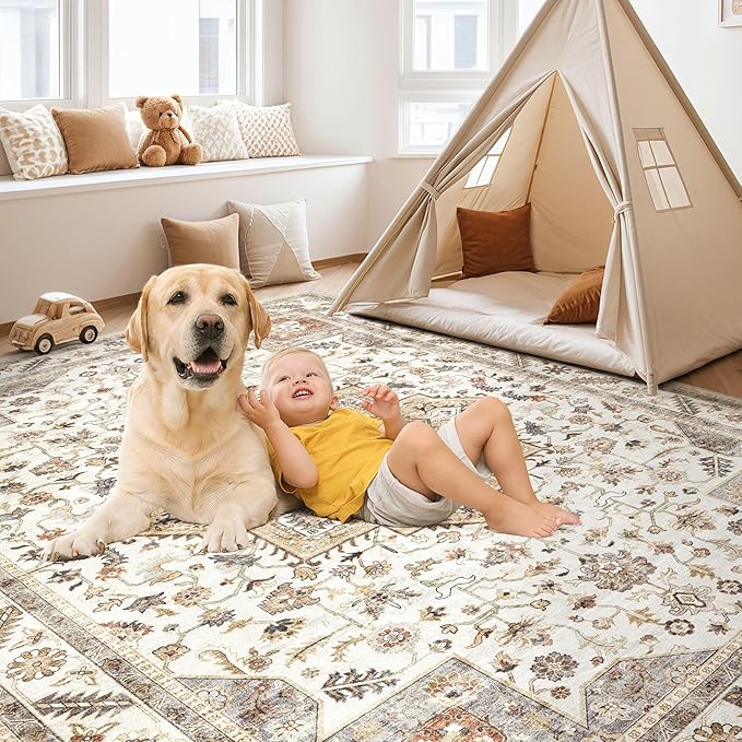 Vintage Living Room Area Rug 6x8 - Large Soft Washable Oriental Traditional Distressed Farmhouse Rugs for Bedroom - Indoor Floor Accent Carpet for Home Office House Decor -Golden Taupe