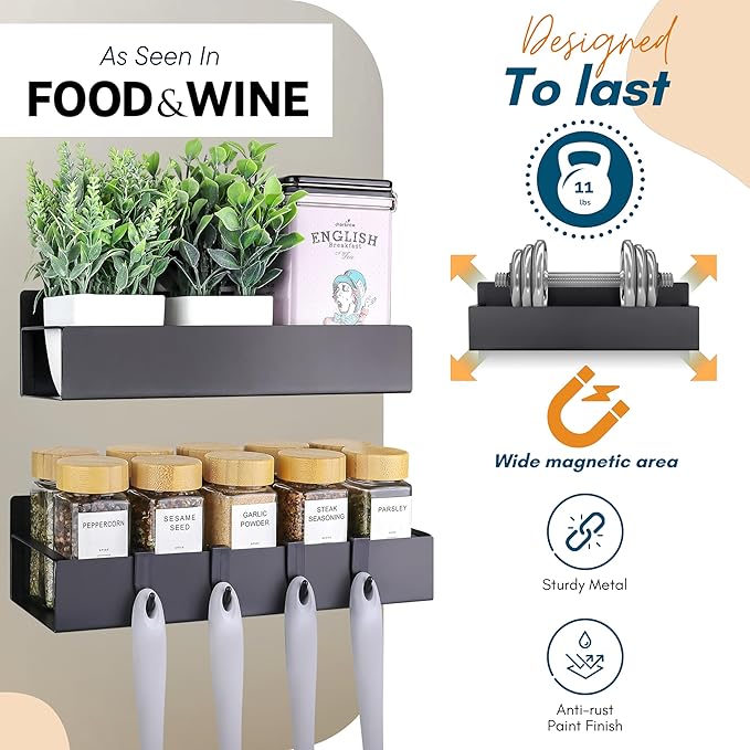 Magnetic Spice Rack for Refrigerator - Strong Magnetized Shelf for Fridge Storage - 2 Pack with Bonus Storage Cups and 4 Moveable Hooks - Versatile Space-Saving Kitchen Organizer Shelves