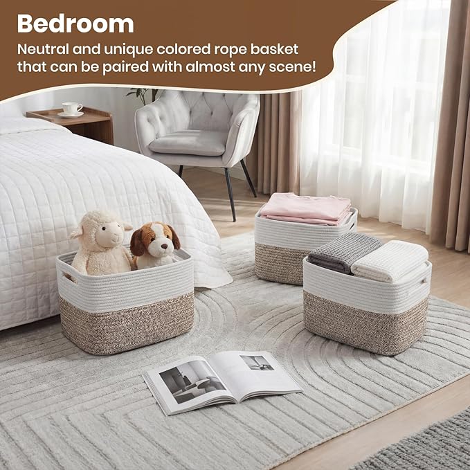 Storage Baskets for Organizing, 14 x 10 x 9” Closet Shelf Woven Baskets, Square Bins with Handles, Cotton Rope Basket for Toys, Clothes, Office, Room, White+Dark brown 3 Pack