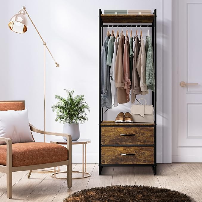 Sorbus Clothing Rack with Drawers - Clothes Stand Dresser - Wood Top, Steel Frame, & Fabric Drawers - Tall Closet Storage Organizer - Garment Rack for Hanging Shirts, Dresses, & Jackets