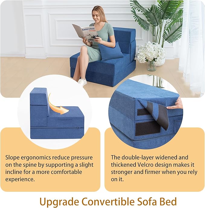 Folding Sofa Bed Chair with Pillow,Convertible Fold Out Chair Bed Sleeper,Foam Floor Mattress, Foldable Futon Couch Bed for Living Room/Dorm/Guest/Office (Blue, Single)