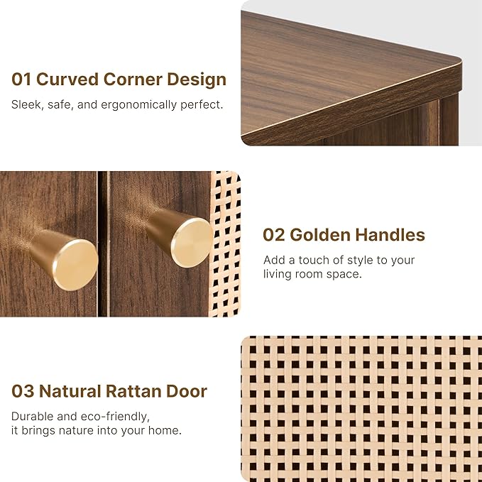 2 PCS Rattan Sideboard Buffet Cabinet 2 Door Boho Kitchen Storage Cabinet Accent Console for Living Room, Hallway, Kitchen, Sideboard, Buffet Table Walnut
