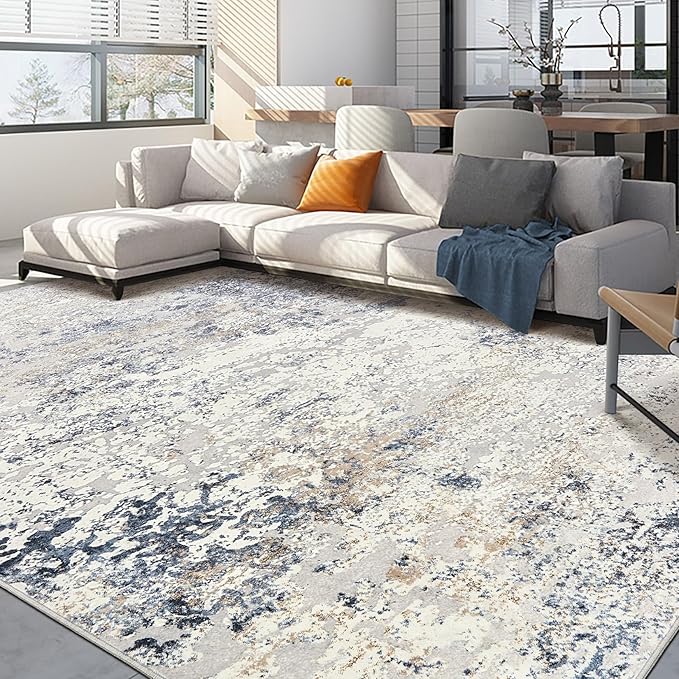 Area Rug Living Room Rugs - 8x10 Thickened Large Soft Indoor Neutral Modern Abstract Low Pile Washable Rug Carpet for Bedroom Dining Room Farmhouse Home Office - Beige Blue