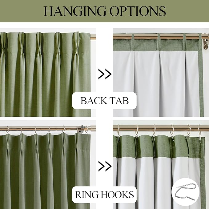 Vision Home Dark Green Pinch Pleated Full Blackout Curtains Linen Blended Room Darkening Curtain Panels 84 inch for Living Room Bedroom Thermal Insulated Pinch Pleat Drapes with Hooks 40" Wx84 Lx2