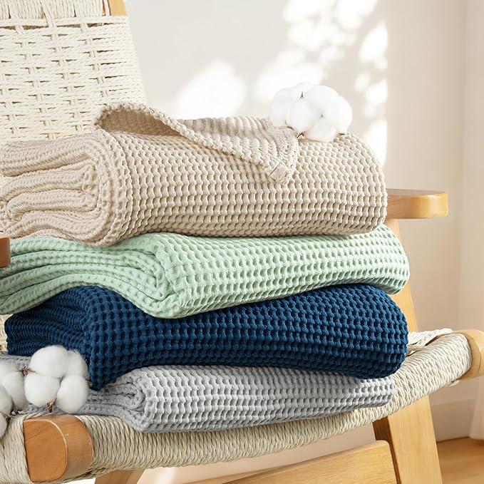 Exclusivo Mezcla 100% Cotton Waffle Weave Blanket Twin Size, Soft, Lightweight and Breathable Muslin Gauze Blanket for Dorm, Home Decor, All Season, 60"x80", Khaki