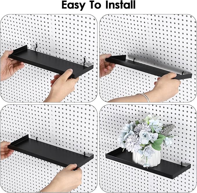 Kokone 6 Pack Pegboard Shelves with Lip Around The Edge, 12x4 Flat Display Shelves for Pegboard Storing or Displaying, Wall Pegboard Shelves Accessories Steel Tray for Garage Workshop Craft Room