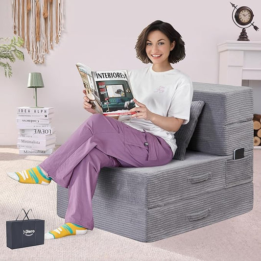 Folding Sofa Bed, 4 in 1 Convertible Sleeper Chair with Pillow, Single Memory Foam Fold Out Chair Bed, Modern Floor Futon Sofa Couch Mattress for Living Room/Guest/Apartment, Light Gray